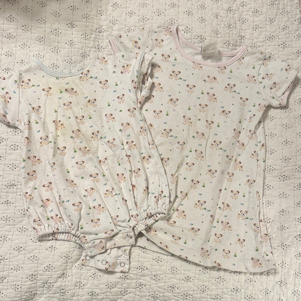 Sibling Set - boys onsie with blue trim and girls dress with pink trim